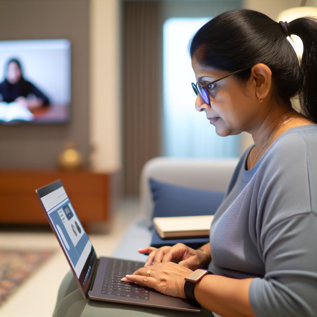 a woman attending a virtual class in her laptop